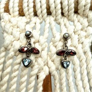Vintage Artisan STERLING SILVER EARRINGS Garnet Aquamarine PEARL floral design